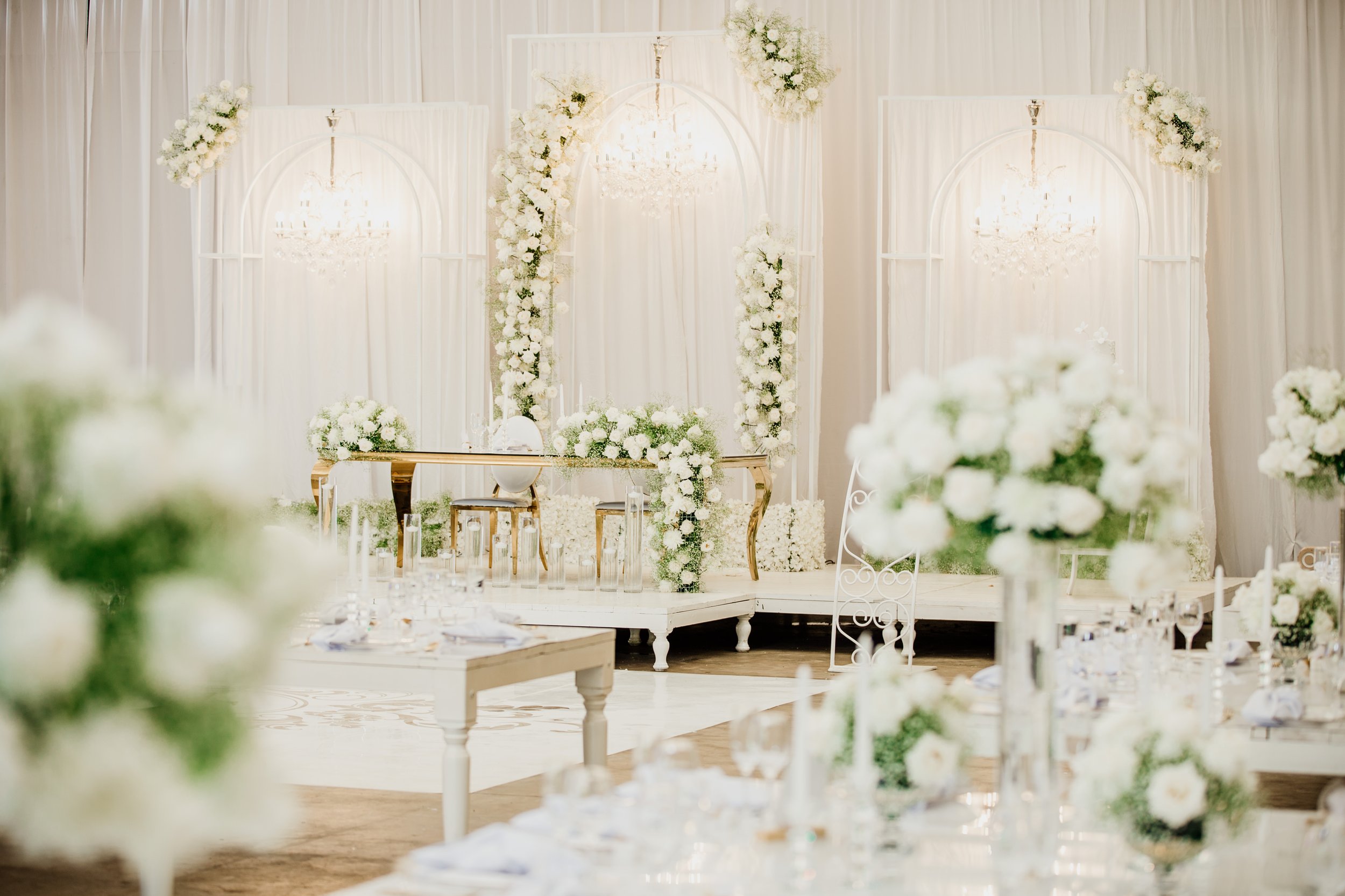 Elegant white wedding reception designed by Elizabeth May Events
